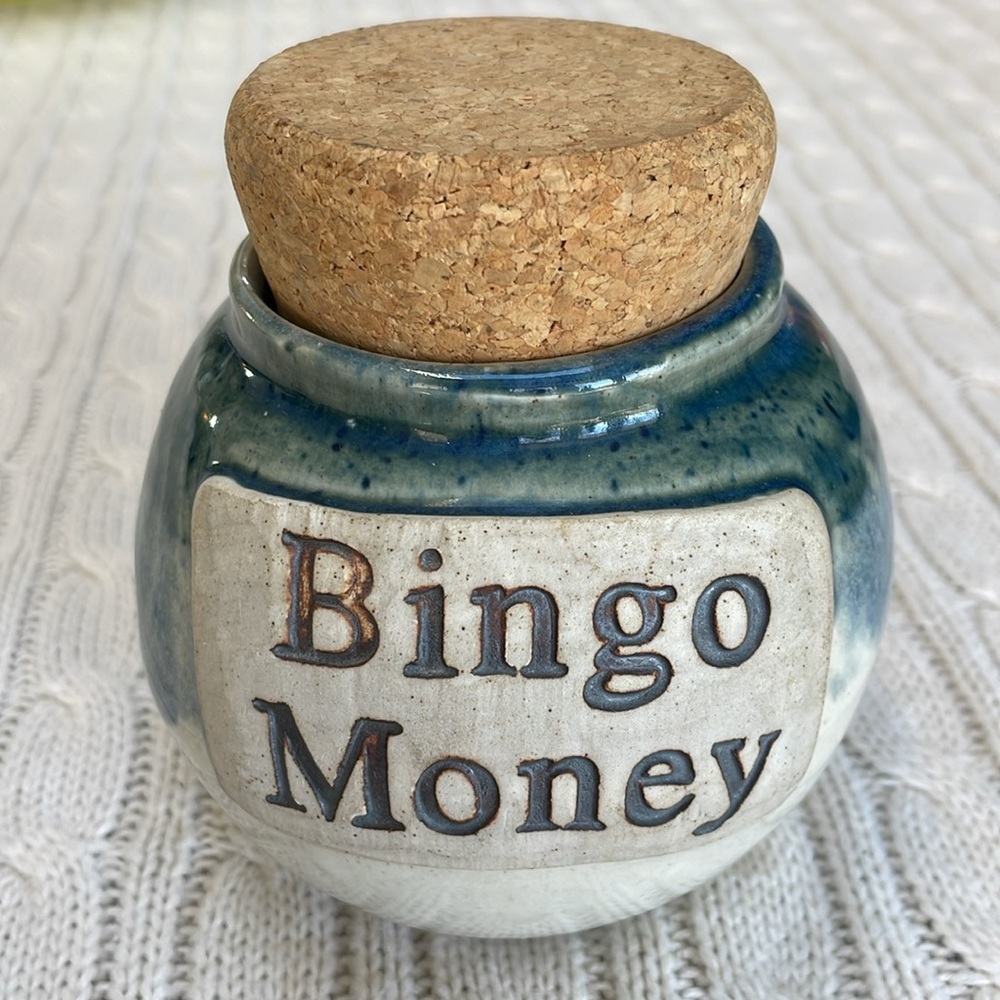 Bingo Money by Tumbleweed Pottery Handcrafted Blue & light tan glaze cork top